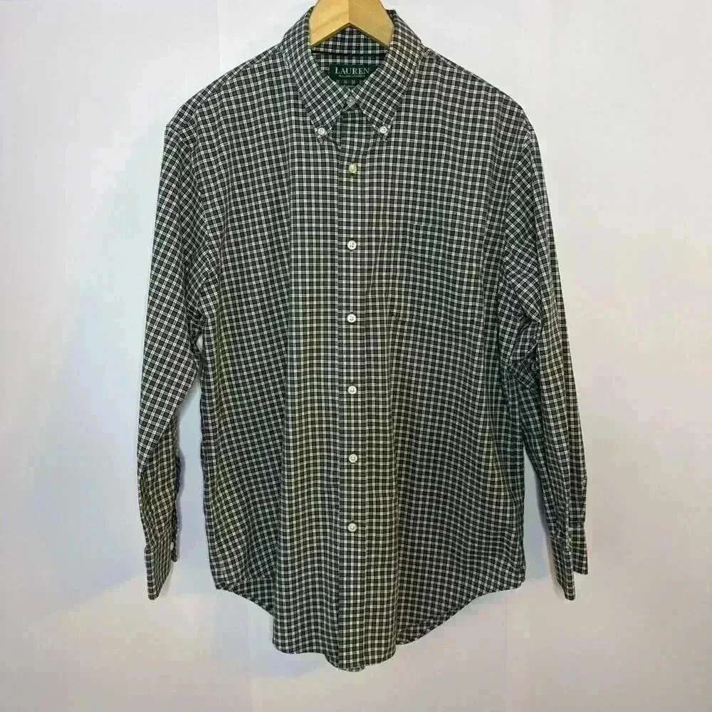 LAUREN‎ Ralph Lauren Shirt Mens 16 32/33 Green Red Check Classic Fit Preppy Polo